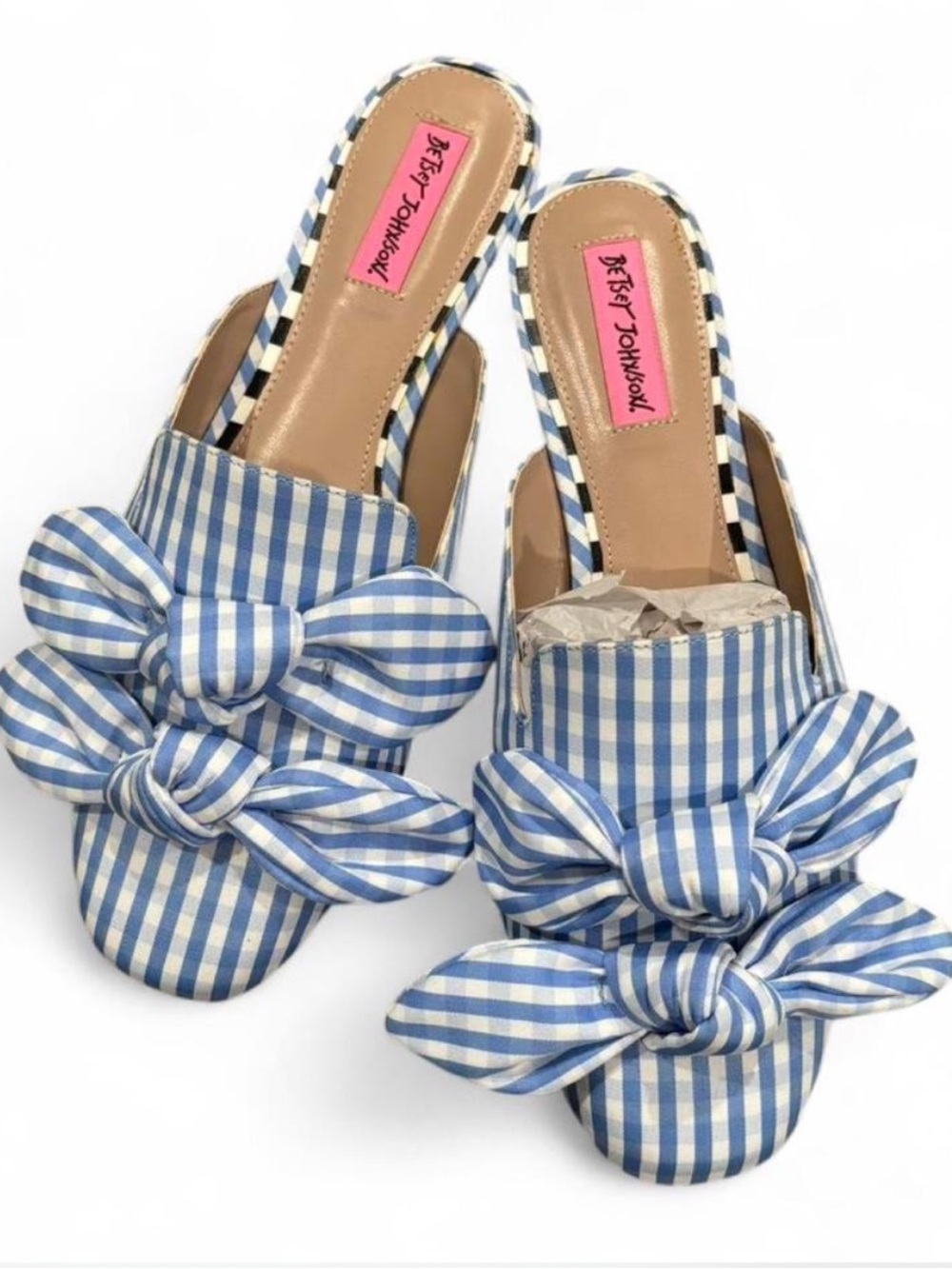 Betsey Johnson blue and white plaid mules 10m